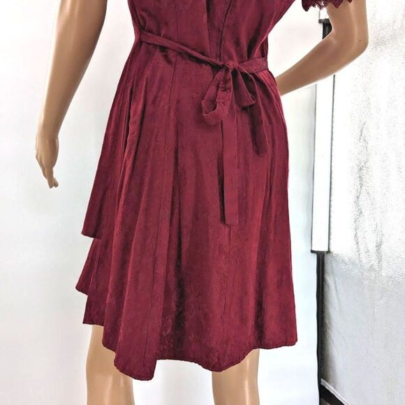 Vintage 1990s Mini Dress Floral Crochet Maroon Satin Empire WhimsiGoth Jr's 5 - Picture 15 of 16
